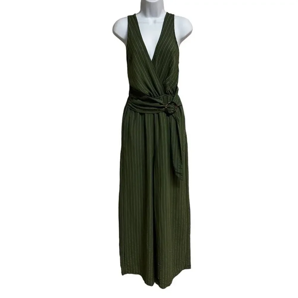 Flying Tomato Sleeveless Wide Leg Belted Jumpsuit in Green‎ Size Small